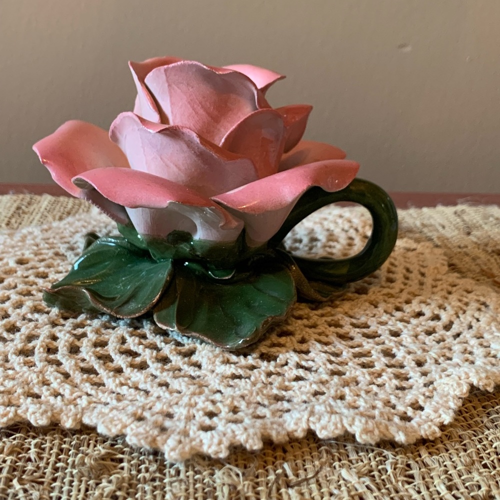 Ceramic rose flower candle holder made in Italy. Pink flower and green leaf base